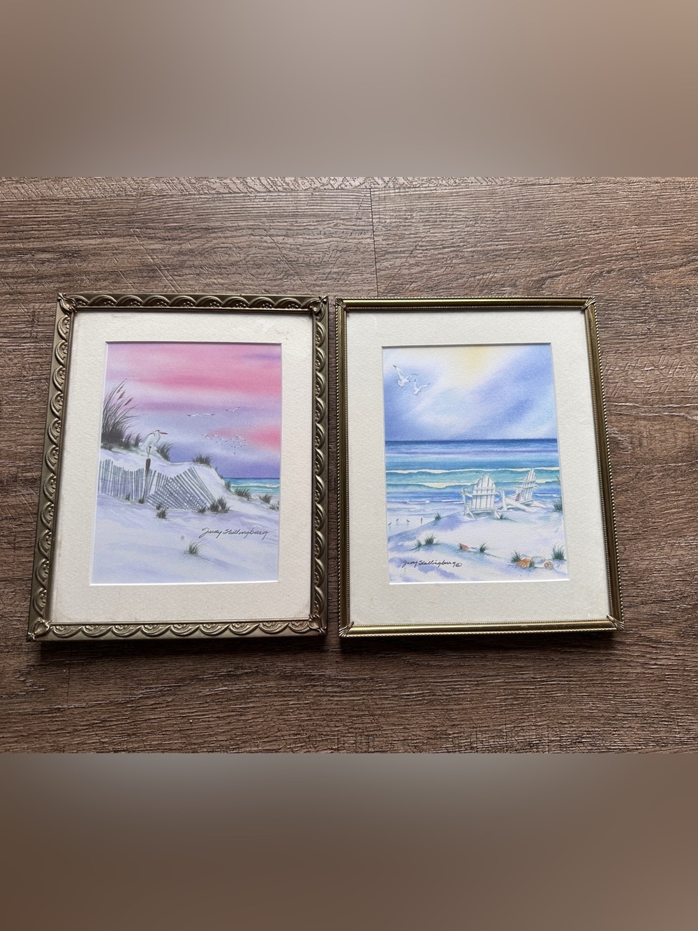 Set of 2 Framed Original Coastal Watercolor Paintings- Pink & Blue Beach Scenes